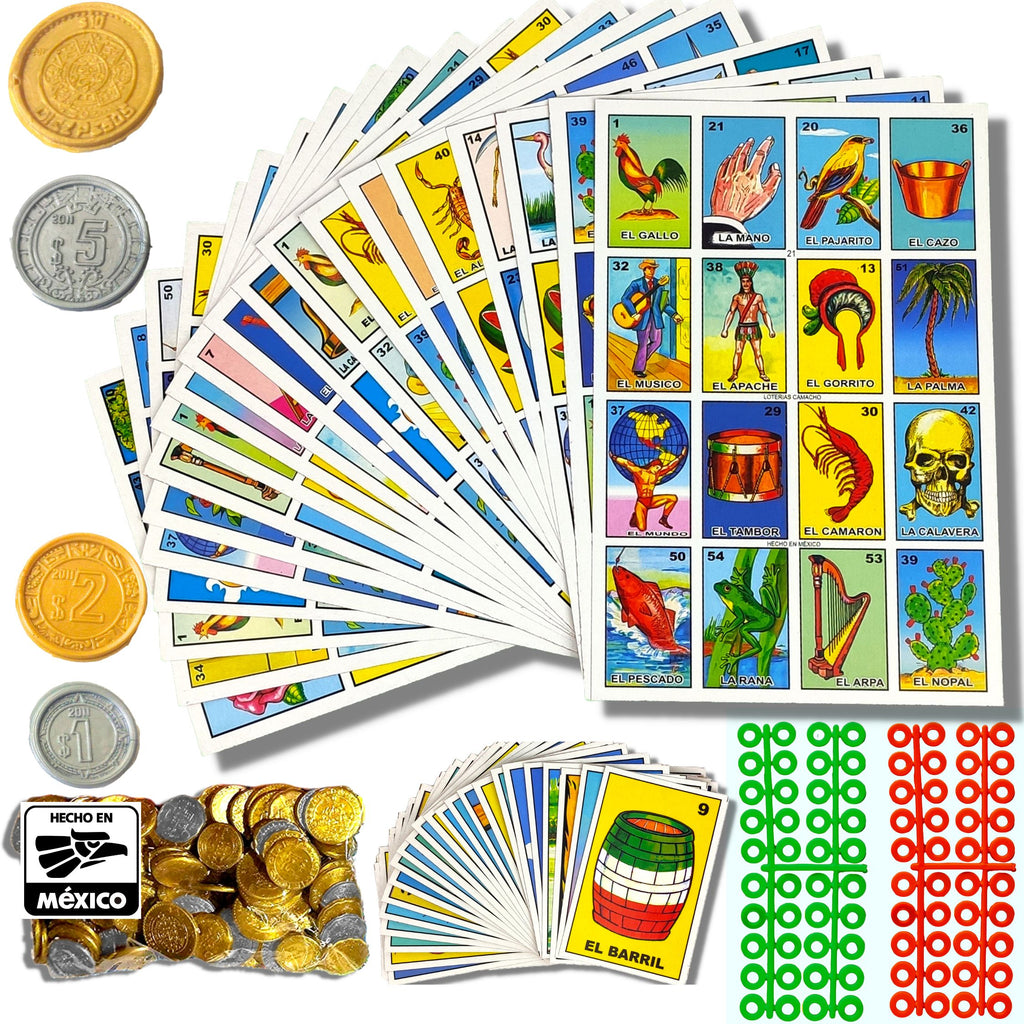 Loteria Mexican Bingo Game for 20 Players with Mexican Pesos & Markers — Made in Mexico