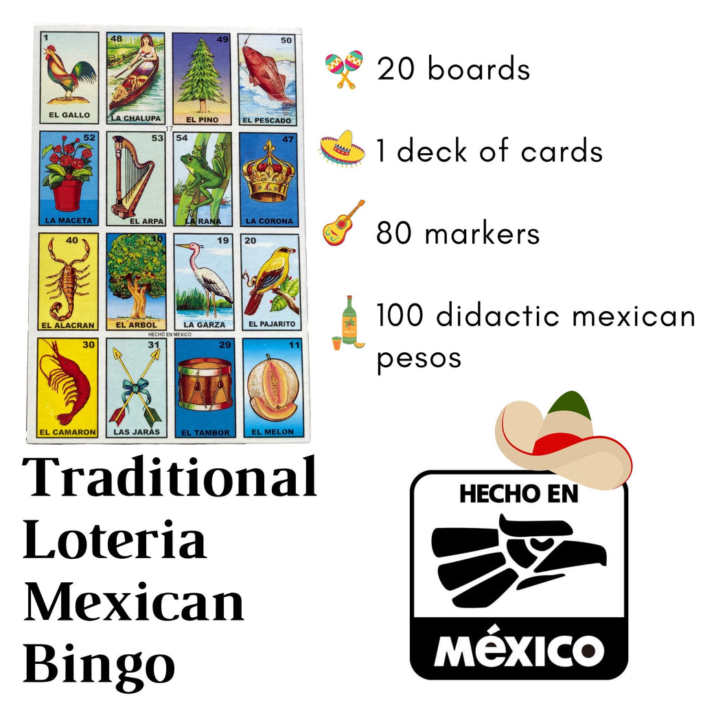 Loteria Mexican Bingo Game for 20 Players with 100 Chips — Made in Mexico